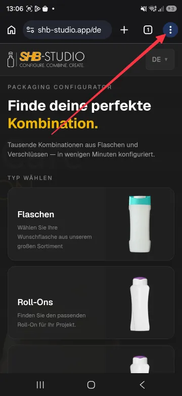 Chrome mit SHB STUDIO; Pfeil auf das Drei-Punkte-Menü