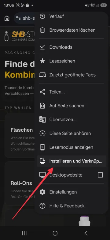 Chrome-Menü mit Markierung auf „Installieren und Verknüpfung erstellen“