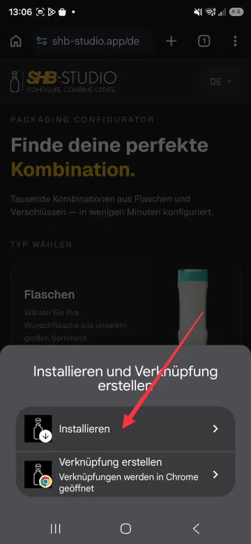 Dialog mit den Optionen Installieren und Verknüpfung erstellen