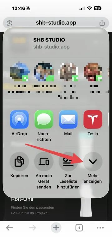 Safari-Teilen-Menü mit Markierung auf „Mehr anzeigen“