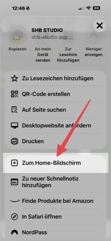 Safari-Menü mit Markierung auf „Zum Home-Bildschirm“