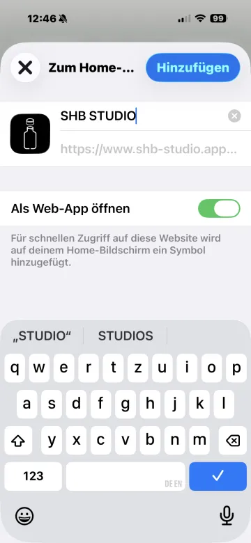 iOS-Dialog „Zum Home-Bildschirm“ mit Button „Hinzufügen“